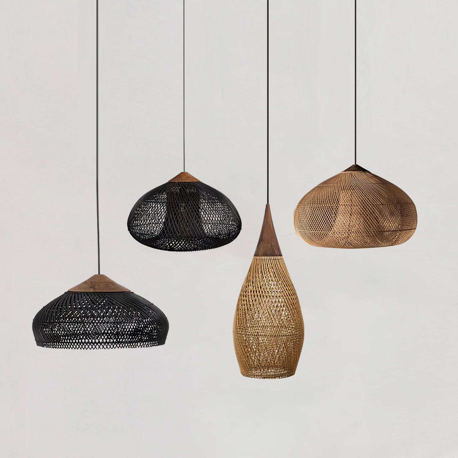 Mixed rattan pendant light cluster in natural and black finishes
