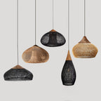 Rattan pendant light cluster casting woven shadows on the ceiling