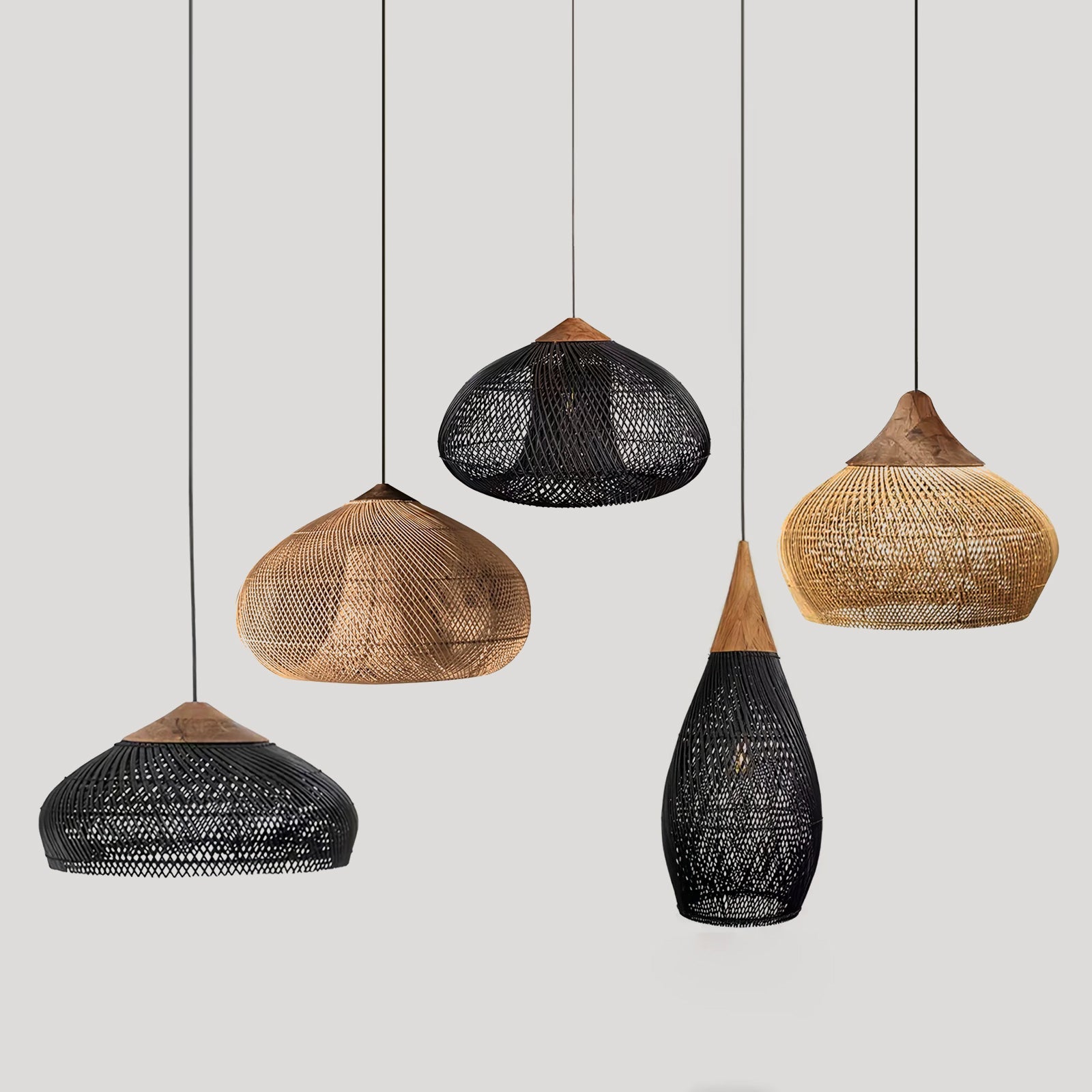Rattan pendant light cluster casting woven shadows on the ceiling