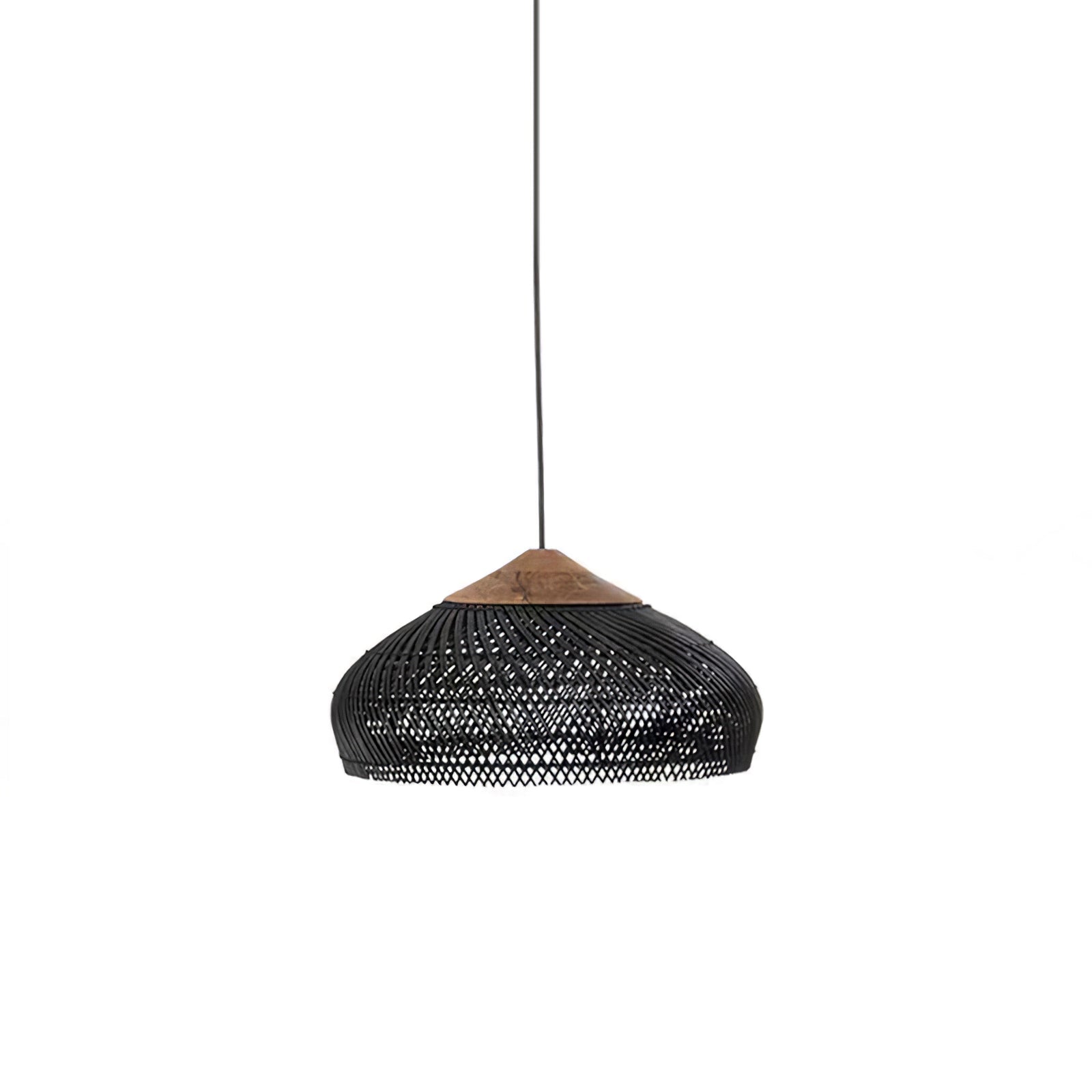 Black rattan pendant light hanging in a styled interior