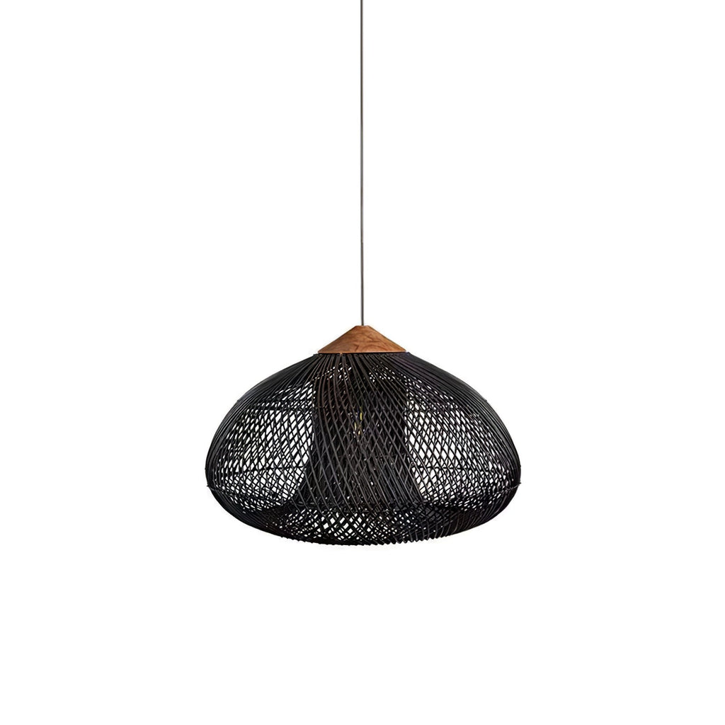Black woven rattan pendant light shown against a pale ceiling
