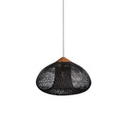 Black woven rattan pendant light shown against a pale ceiling
