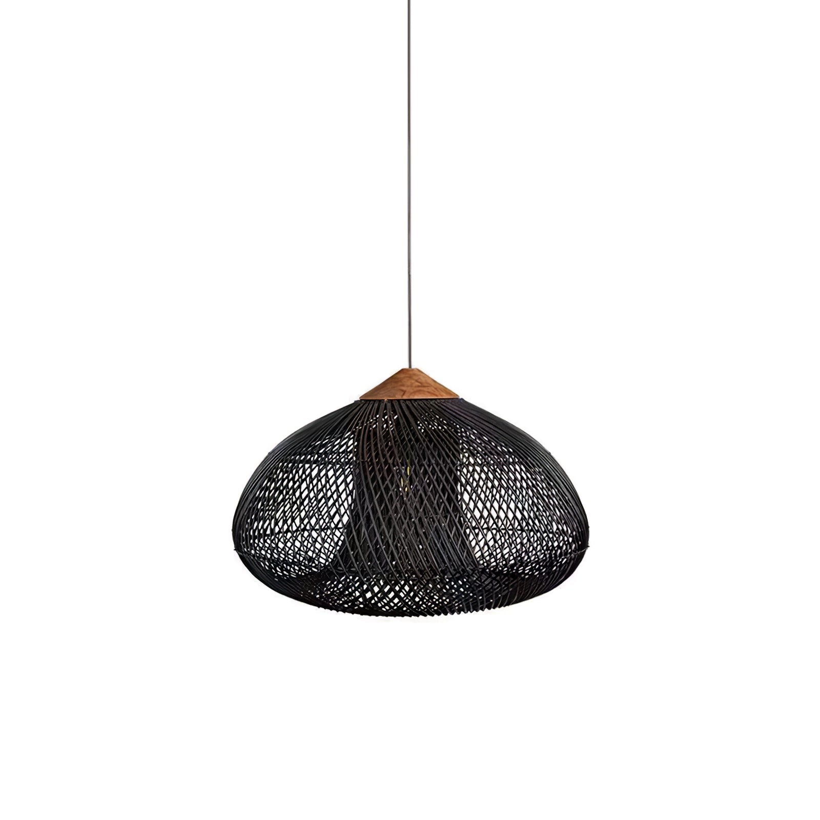 Black woven rattan pendant light shown against a pale ceiling