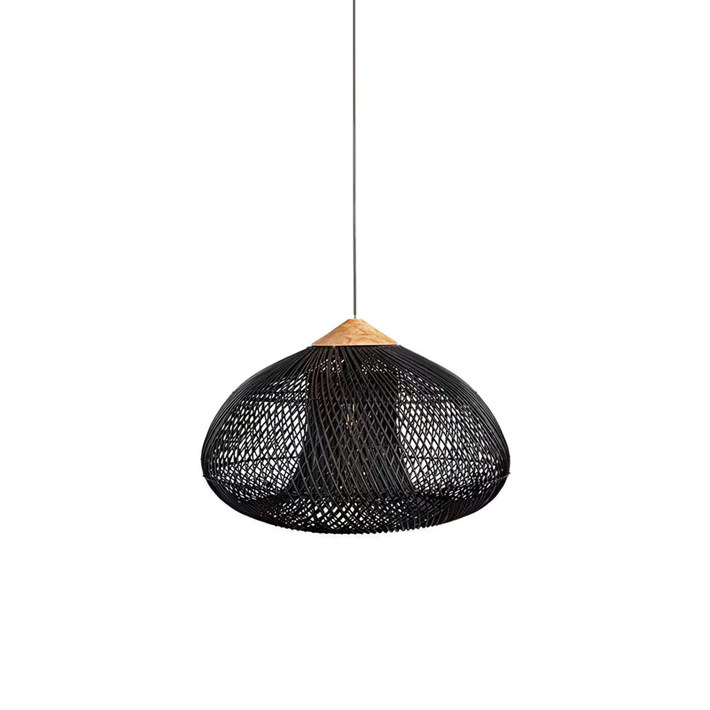 Black rattan pendant light with open woven shade hanging indoors