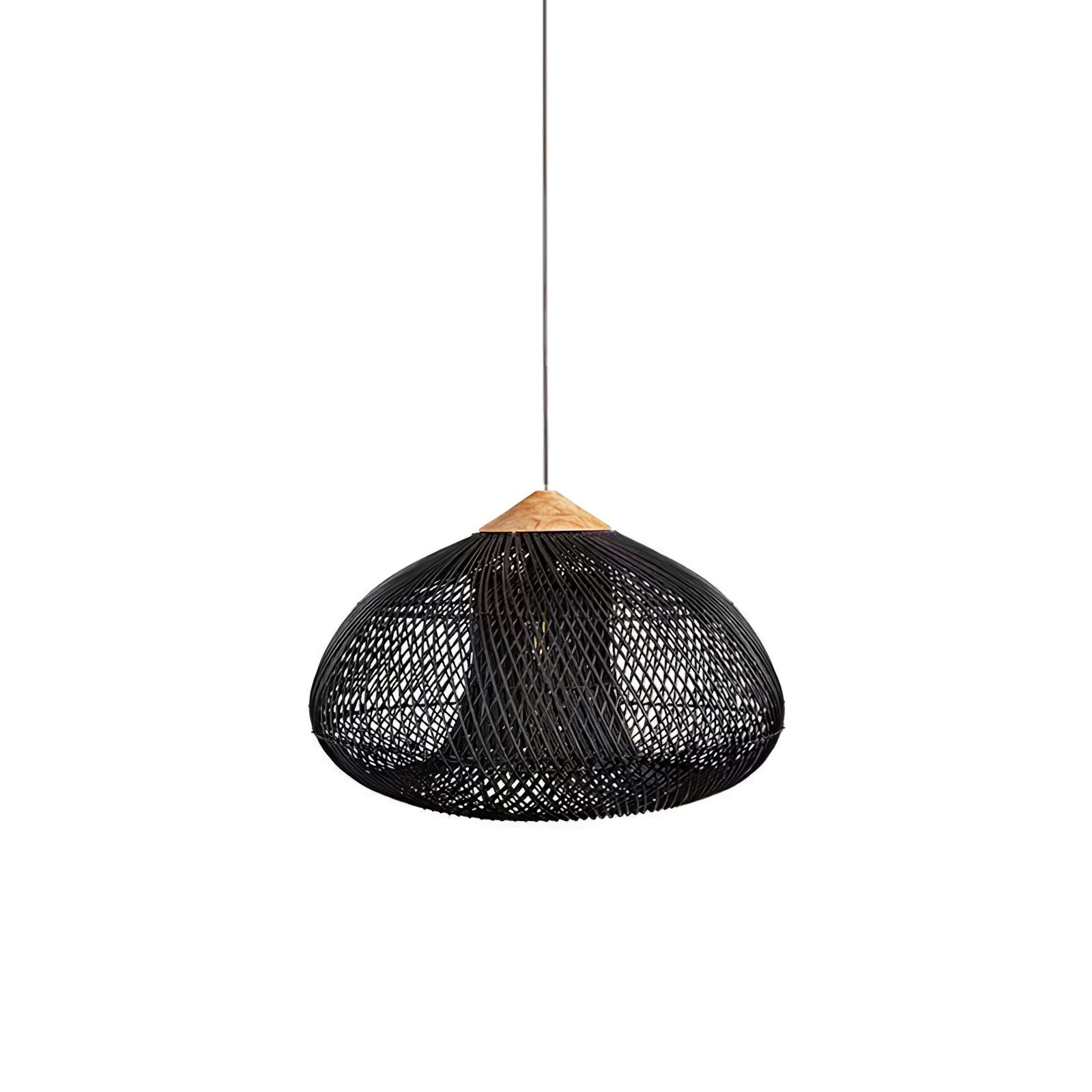 Black rattan pendant light with open woven shade hanging indoors