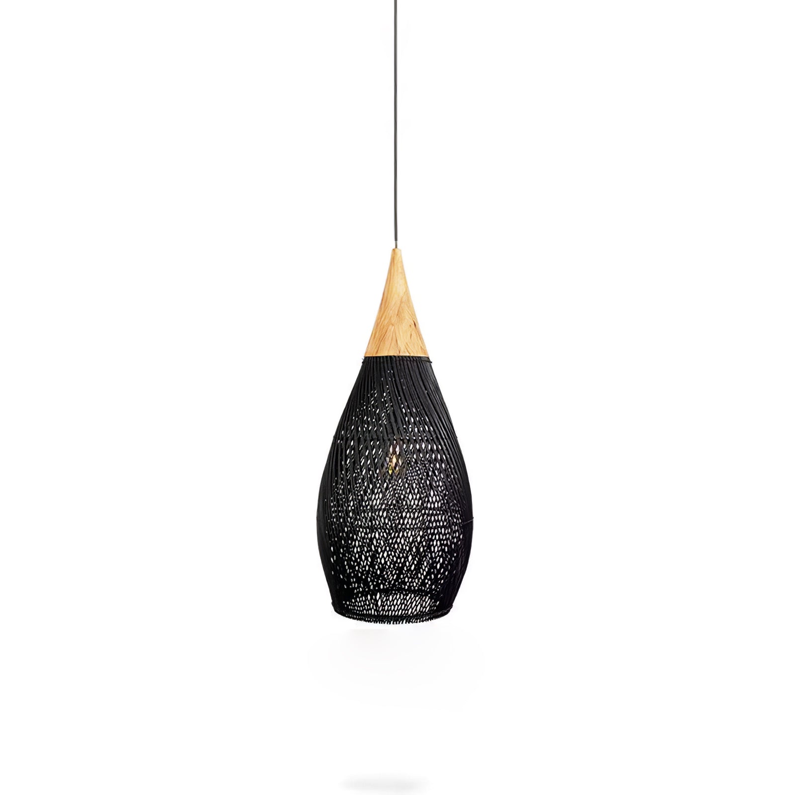 Black rattan pendant light detail of the braided shade edge
