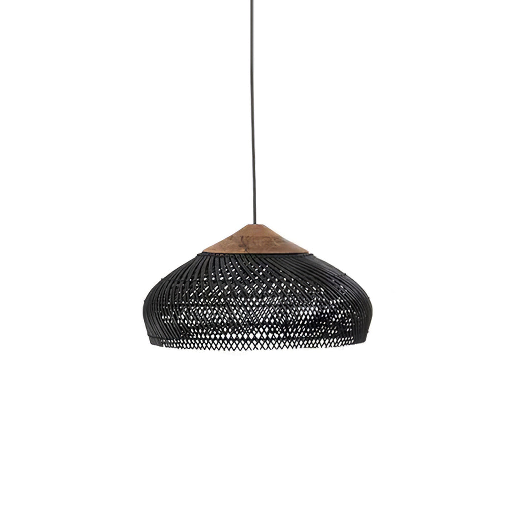 Black rattan pendant light shade detail showing the weave