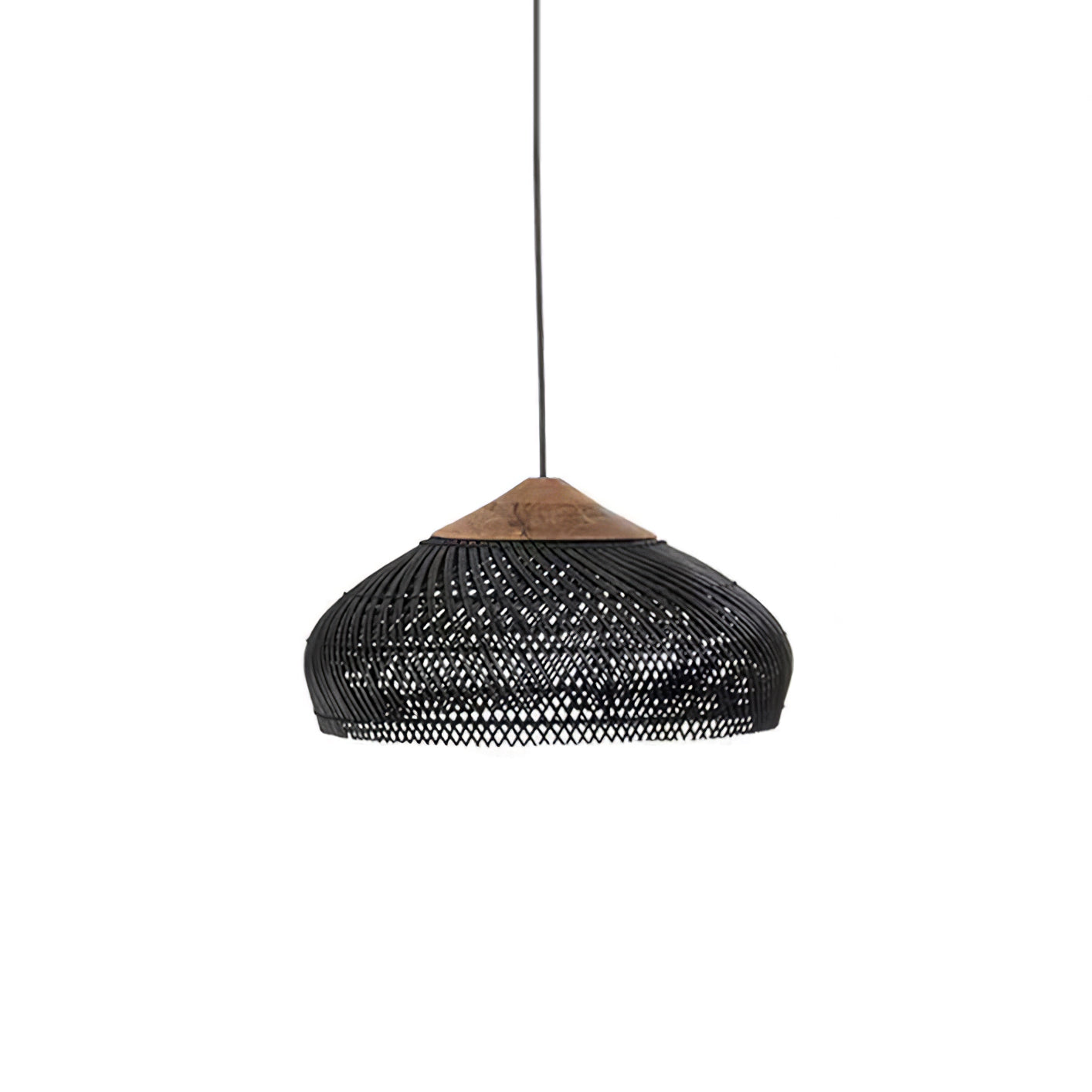Black rattan pendant light shade detail showing the weave