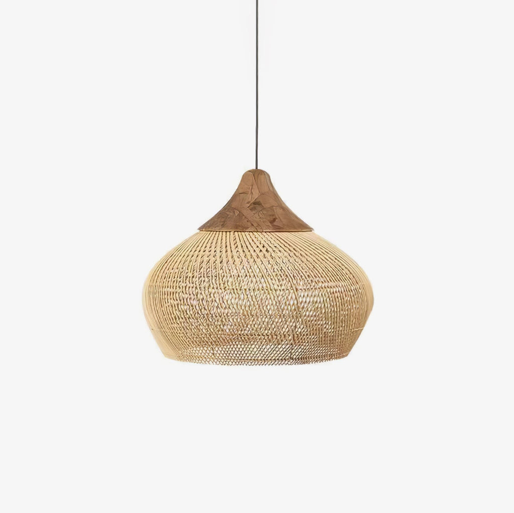 Natural rattan pendant light with wood body viewed from below