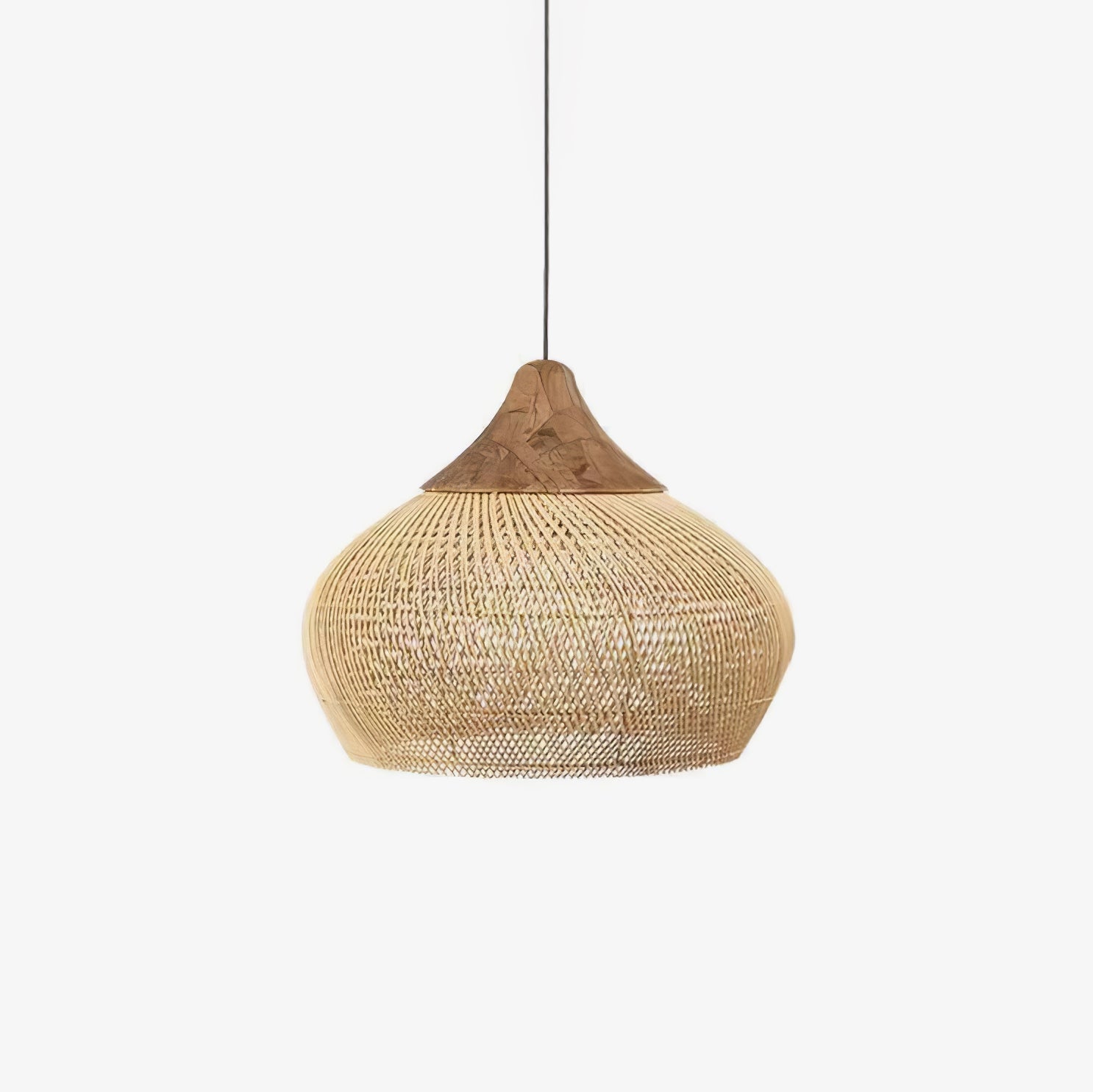 Natural rattan pendant light with wood body viewed from below