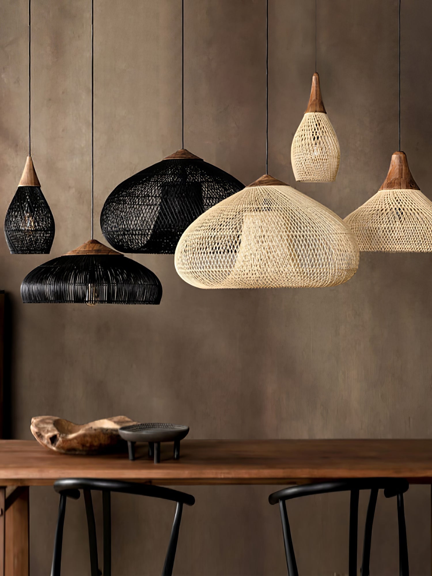 Rattan Pendant Light, Handwoven Shade, Wood Body, E27