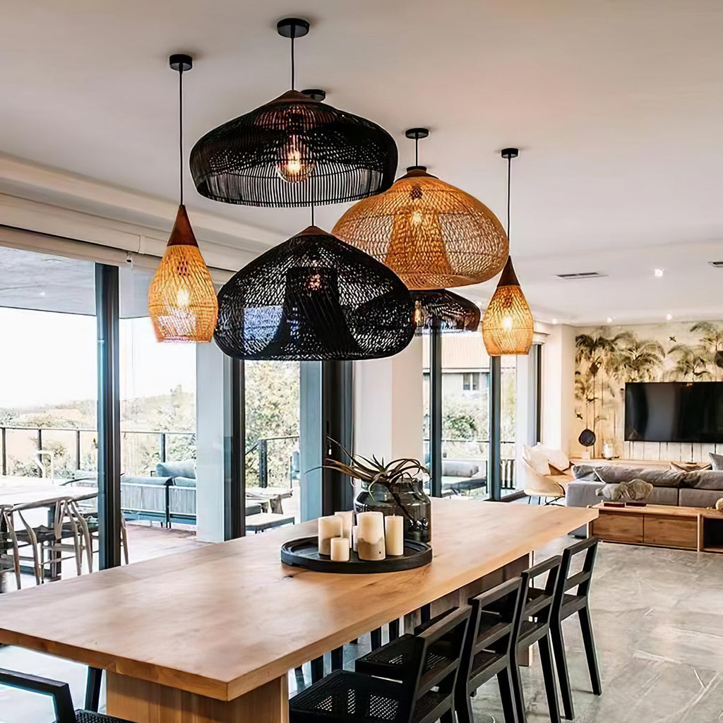Natural rattan pendant light installed above a living space