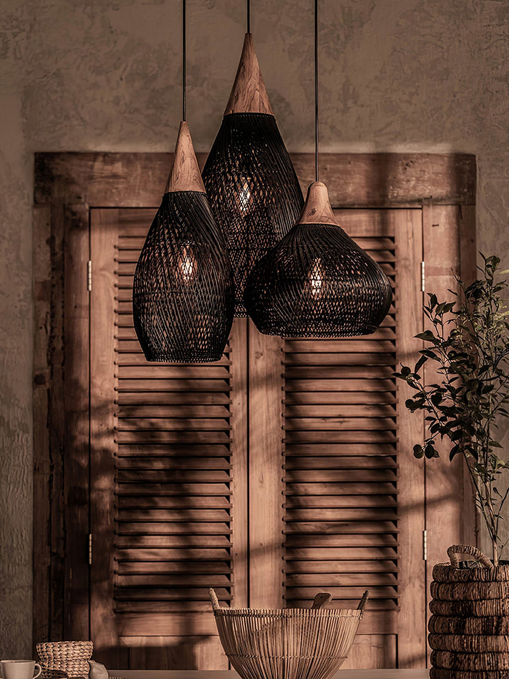 Rattan Pendant Light, Handwoven Shade, Wood Body, E27