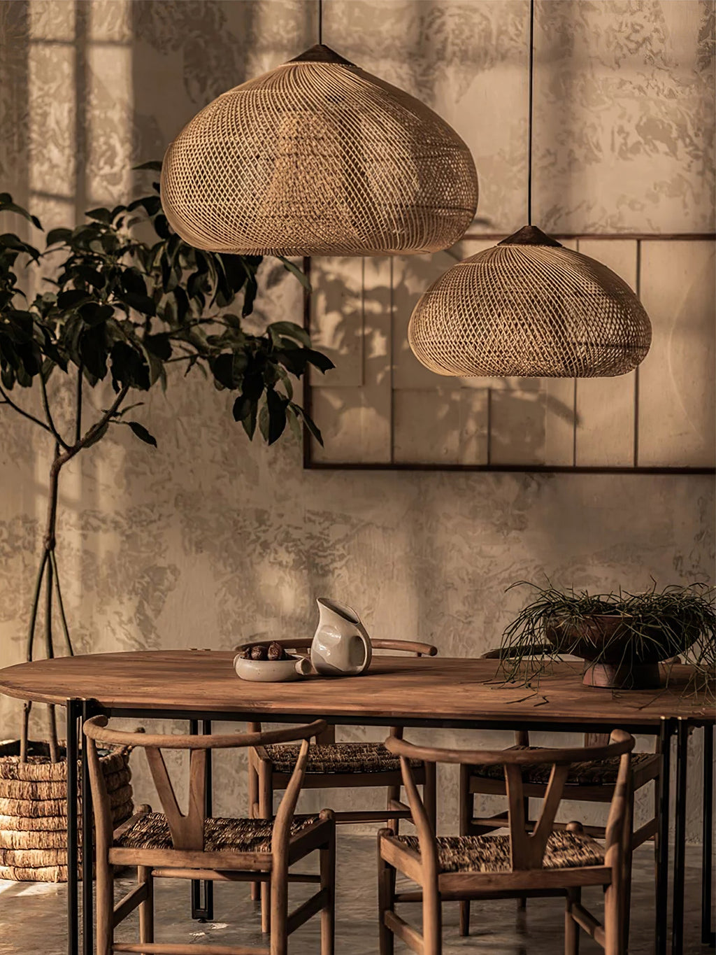 Rattan Pendant Light, Handwoven Shade, Wood Body, E27