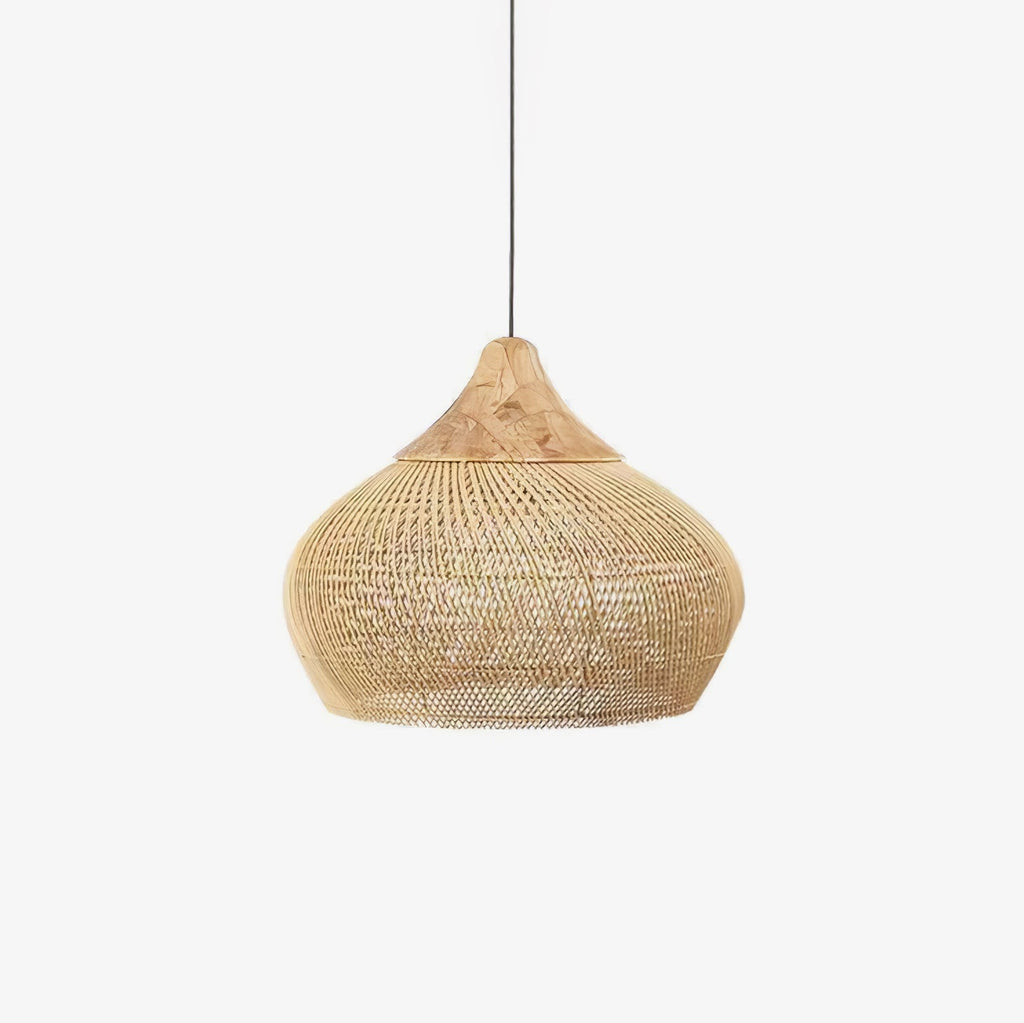 Handwoven natural rattan pendant light against a light wall