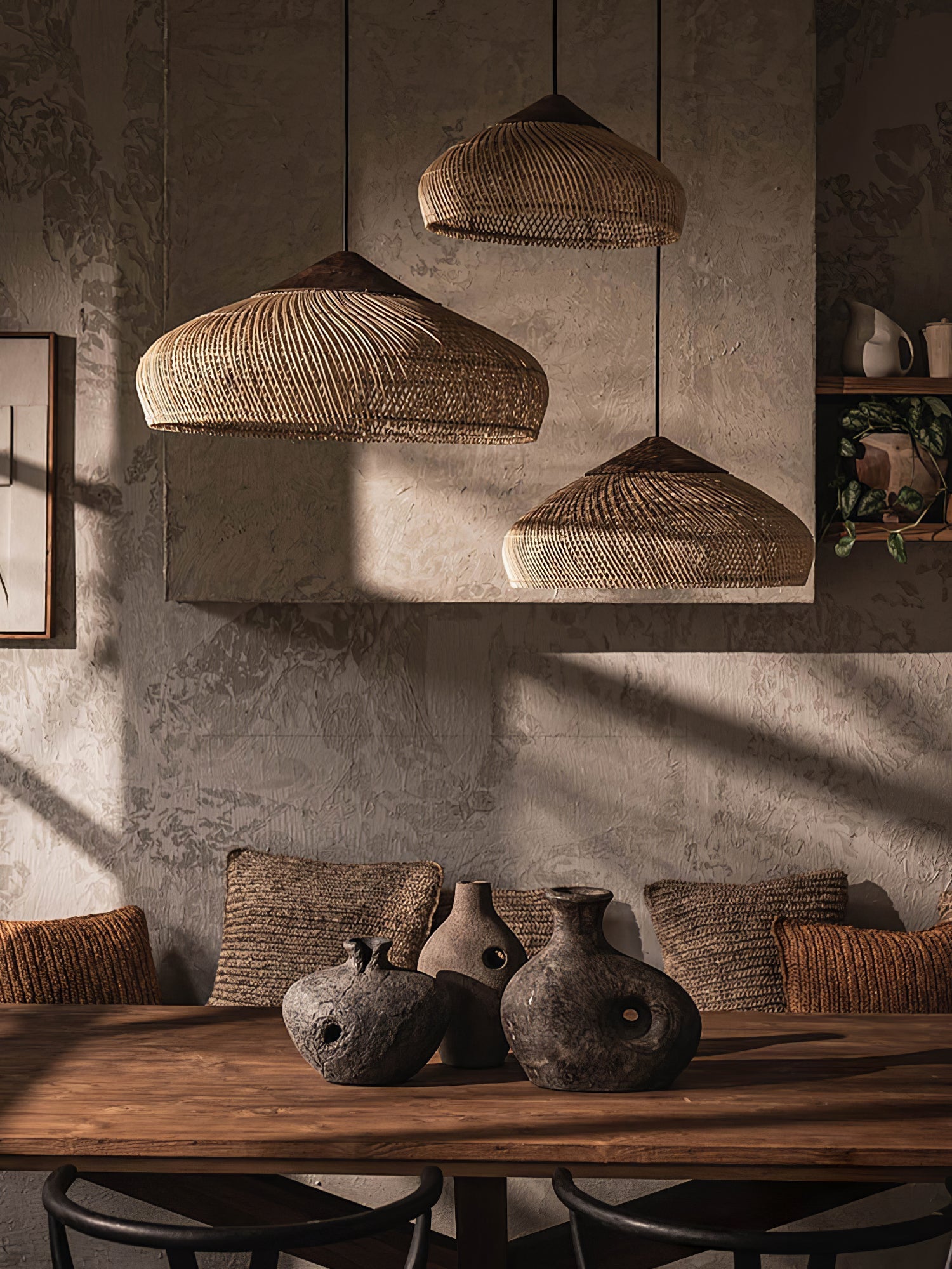 Rattan Pendant Light, Handwoven Shade, Wood Body, E27