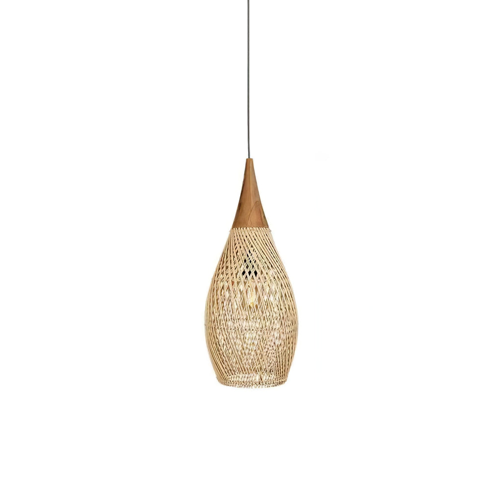 Drum-shaped woven rattan pendant light over a wooden table