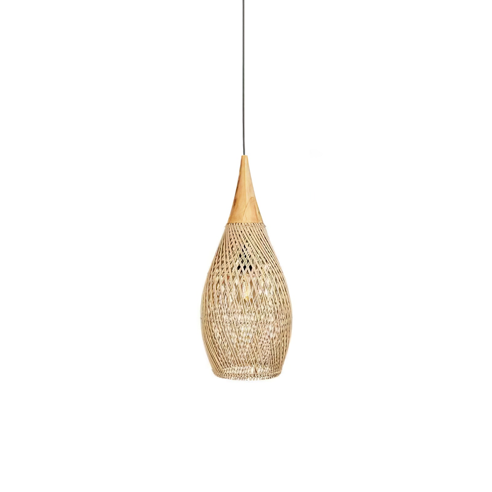 Natural rattan pendant light glowing warmly above a seating area