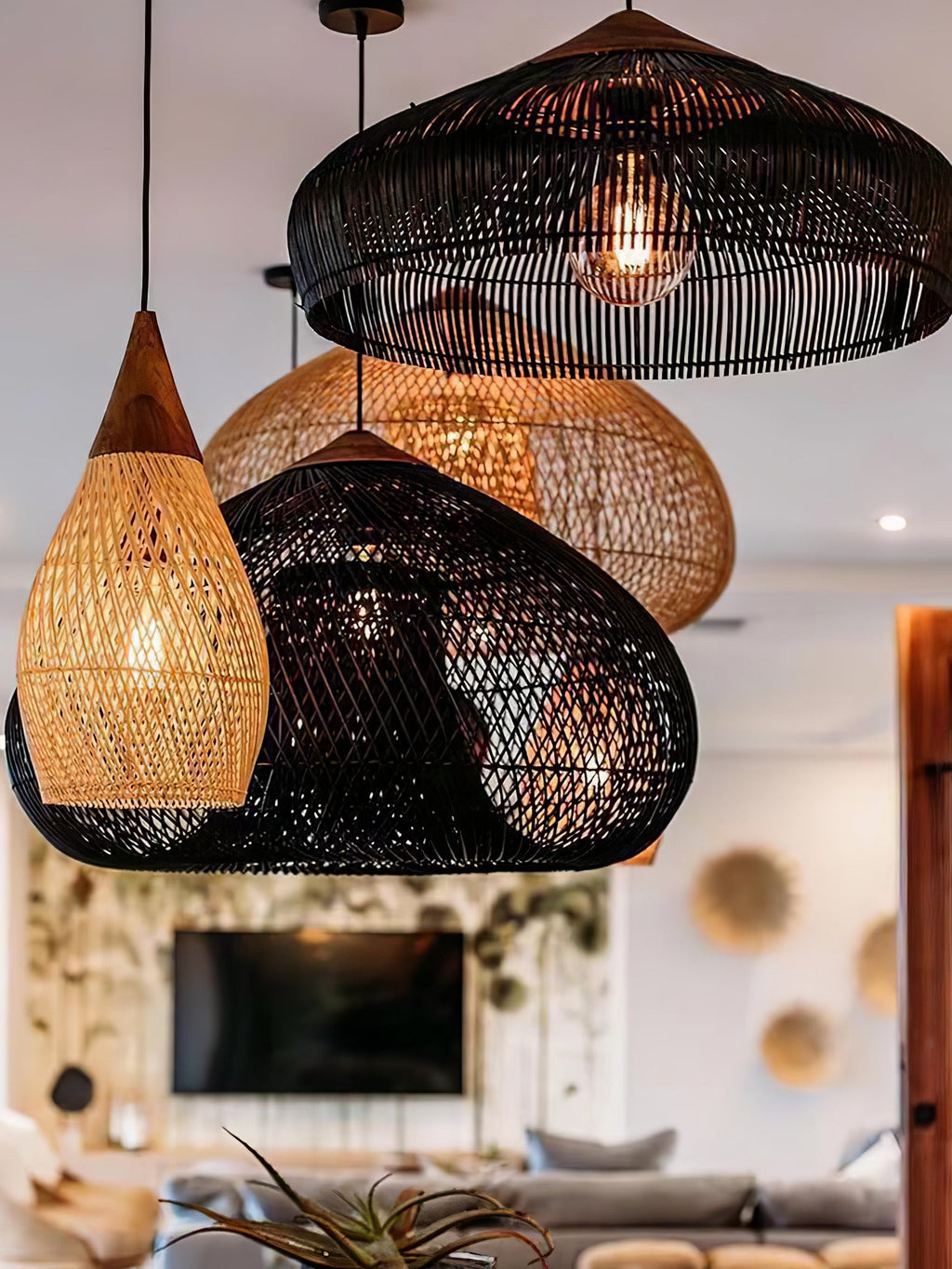 Rattan Pendant Light, Handwoven Shade, Wood Body, E27