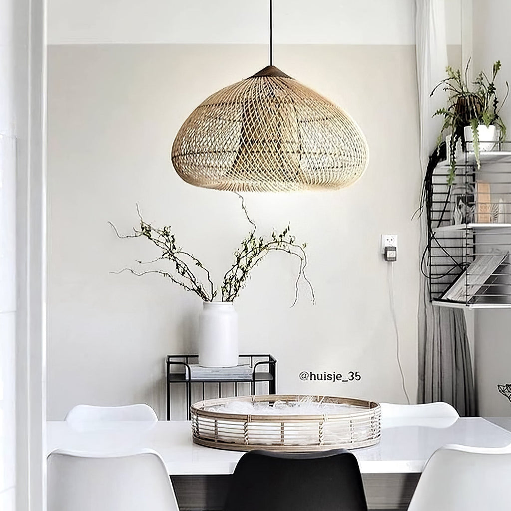 Rattan Pendant Light, Handwoven Shade, Wood Body, E27