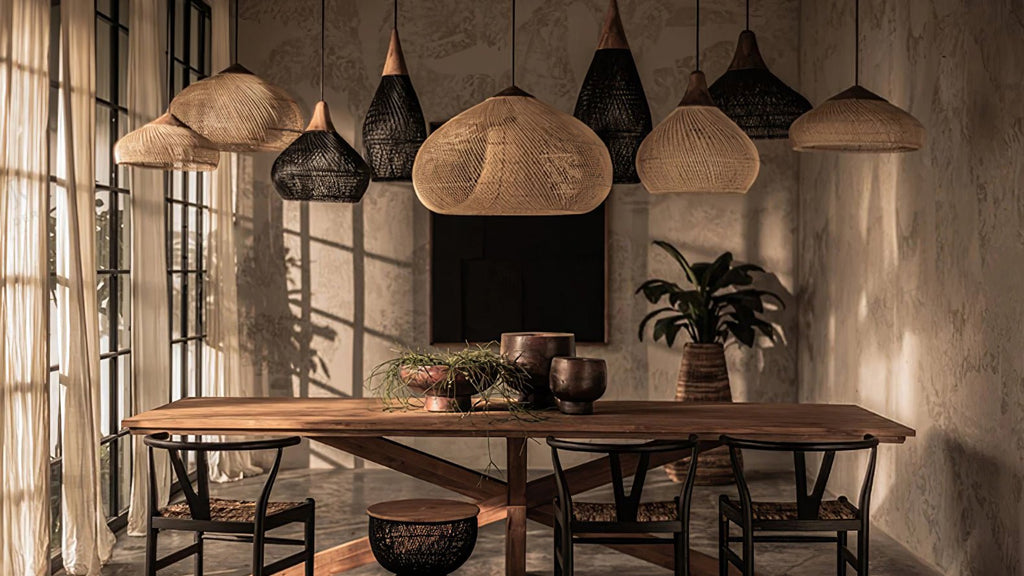 Rattan Pendant Light, Handwoven Shade, Wood Body, E27