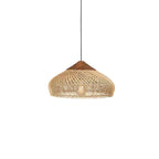 Drum-shaped natural rattan pendant light over a dining table