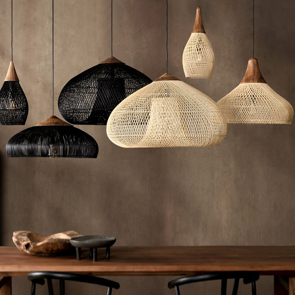 Rattan Pendant Light, Handwoven Shade, Wood Body, E27