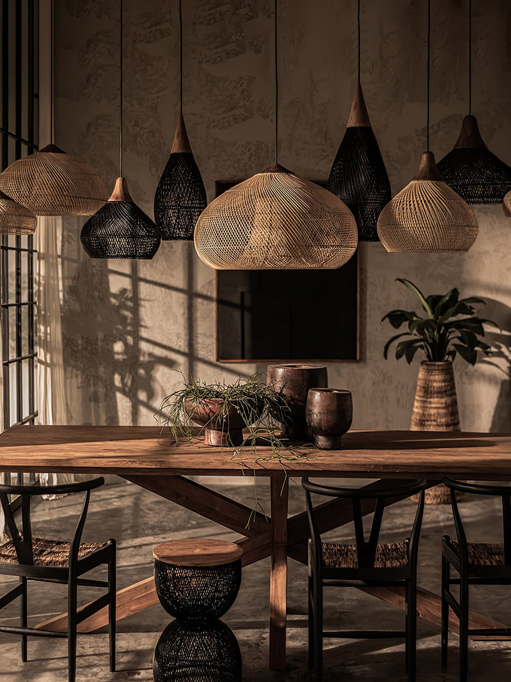 Rattan Pendant Light, Handwoven Shade, Wood Body, E27