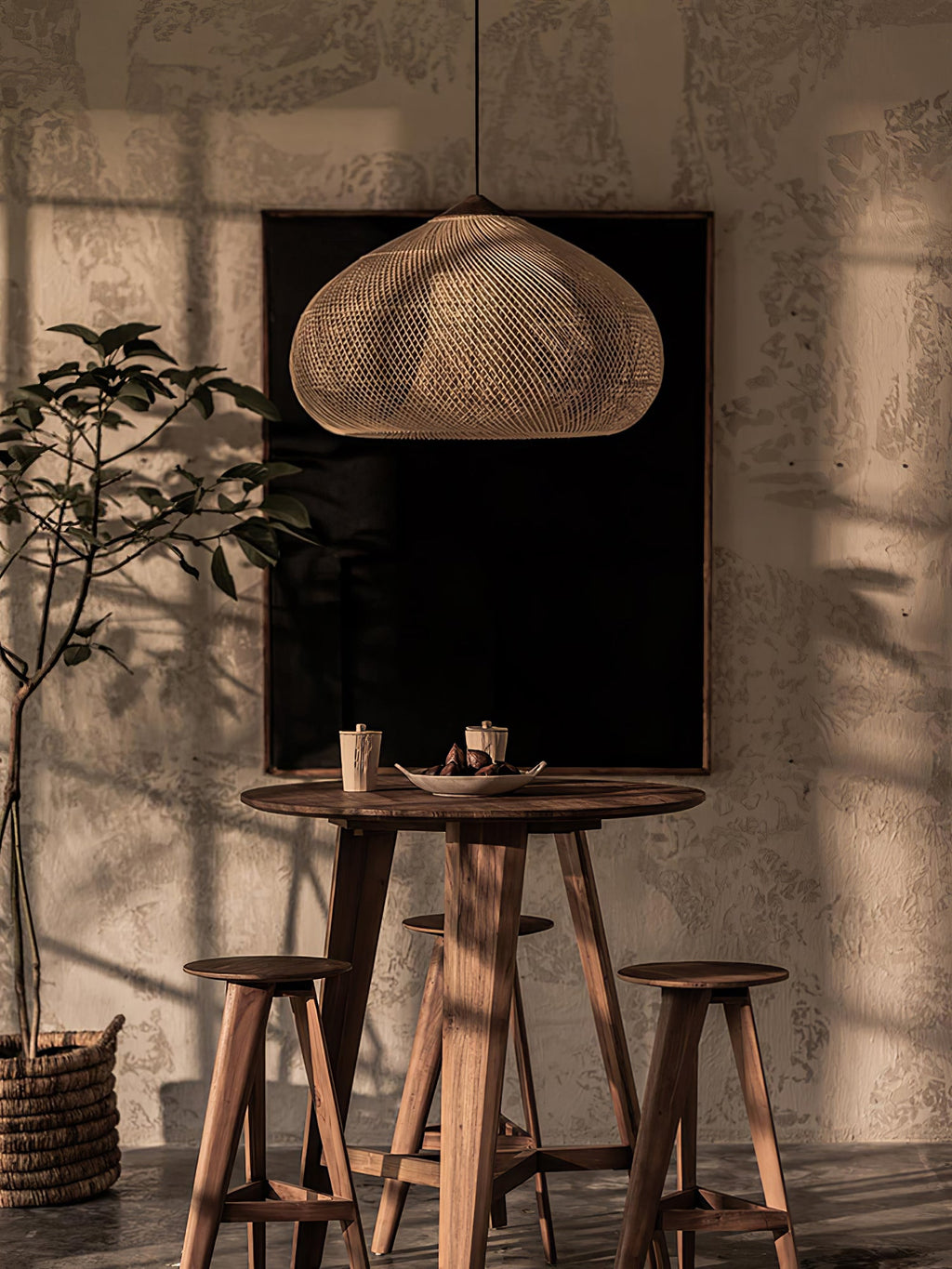 Rattan Pendant Light, Handwoven Shade, Wood Body, E27