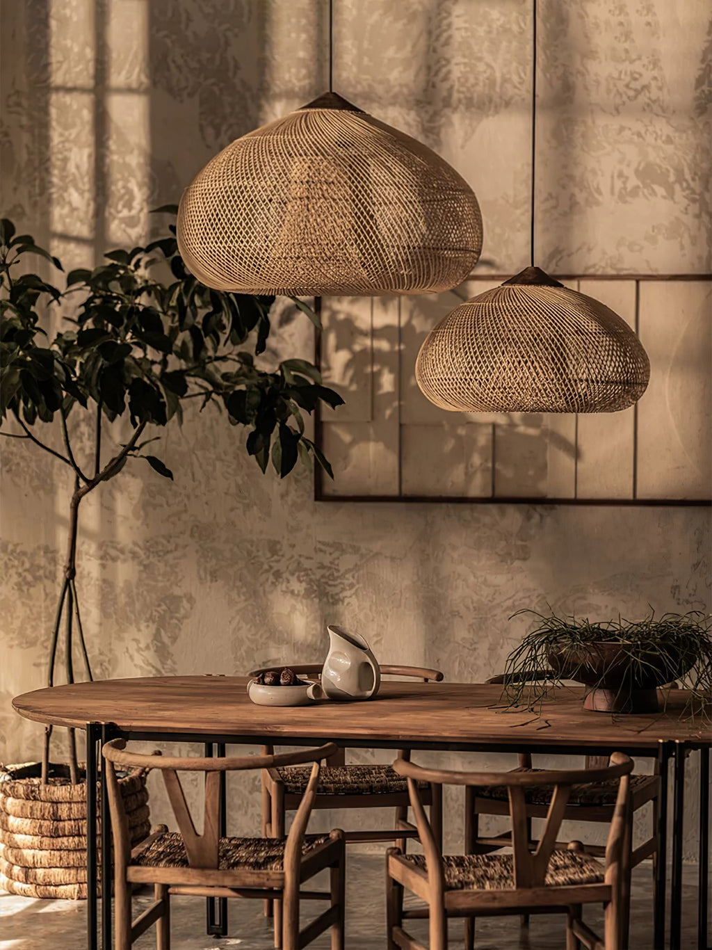 Rattan Pendant Light, Handwoven Shade, Wood Body, E27
