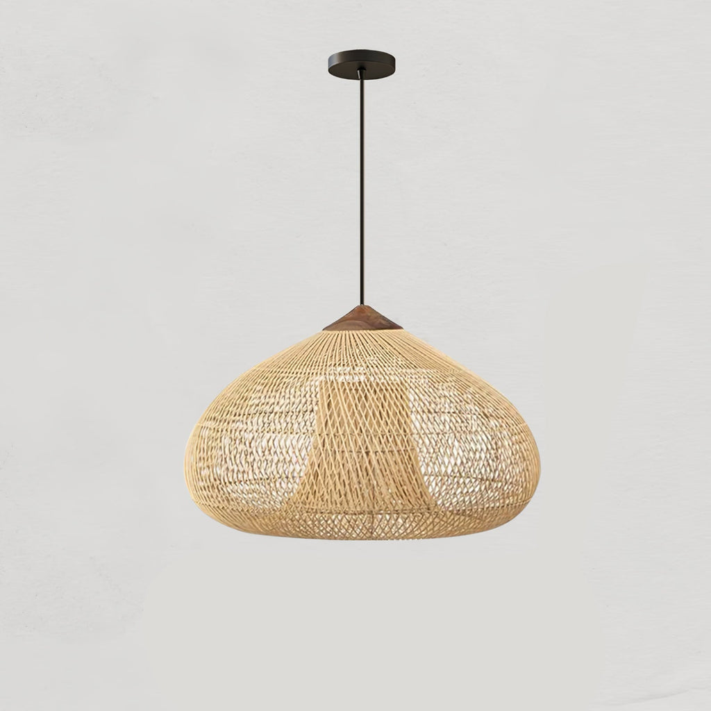 Natural rattan pendant light casting a dappled shadow pattern
