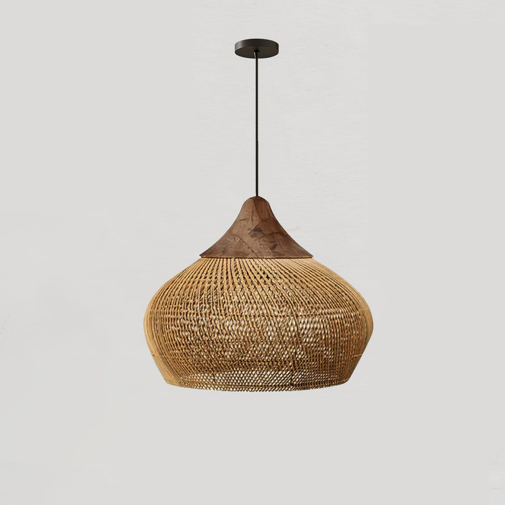 Rattan Pendant Light, Handwoven Shade, Wood Body, E27