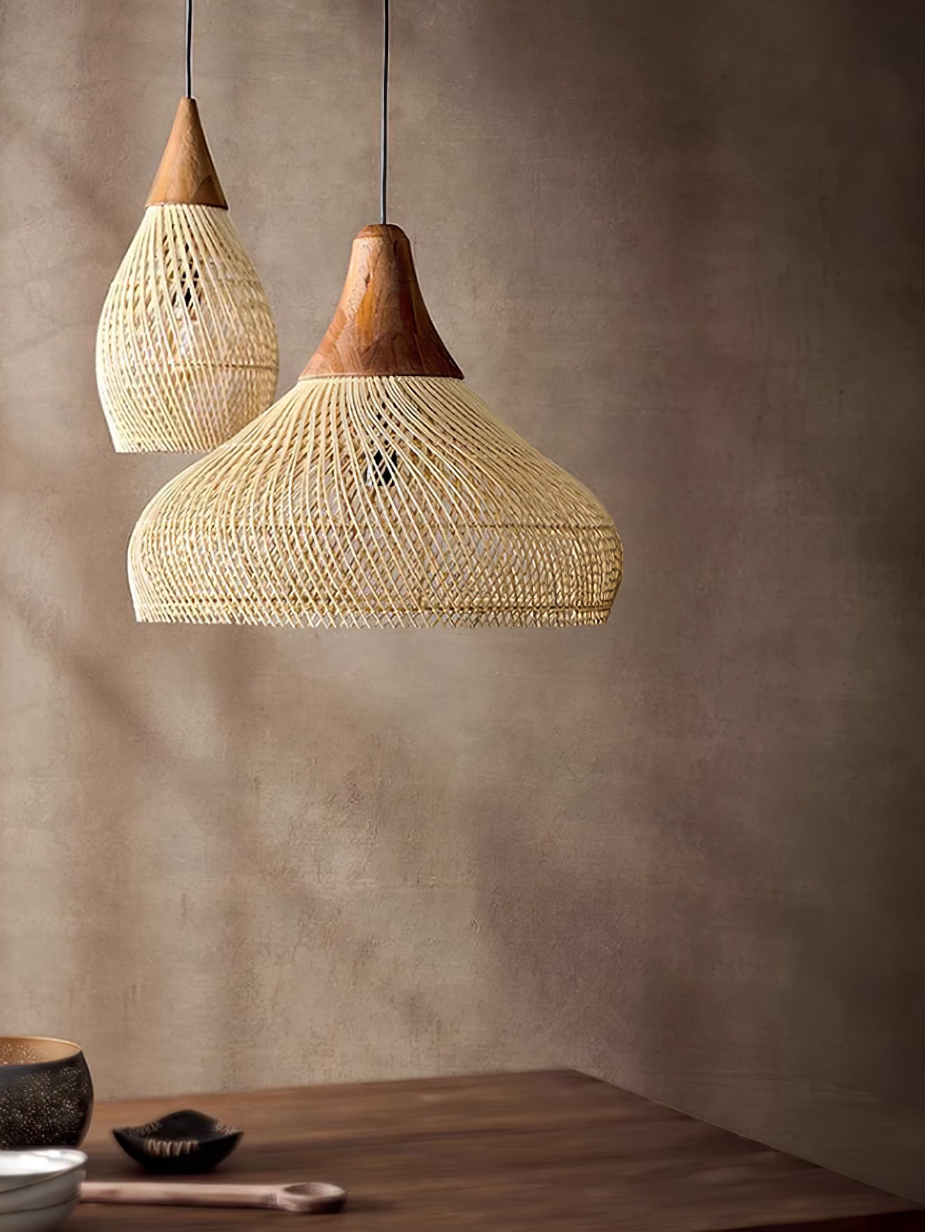 Rattan Pendant Light, Handwoven Shade, Wood Body, E27