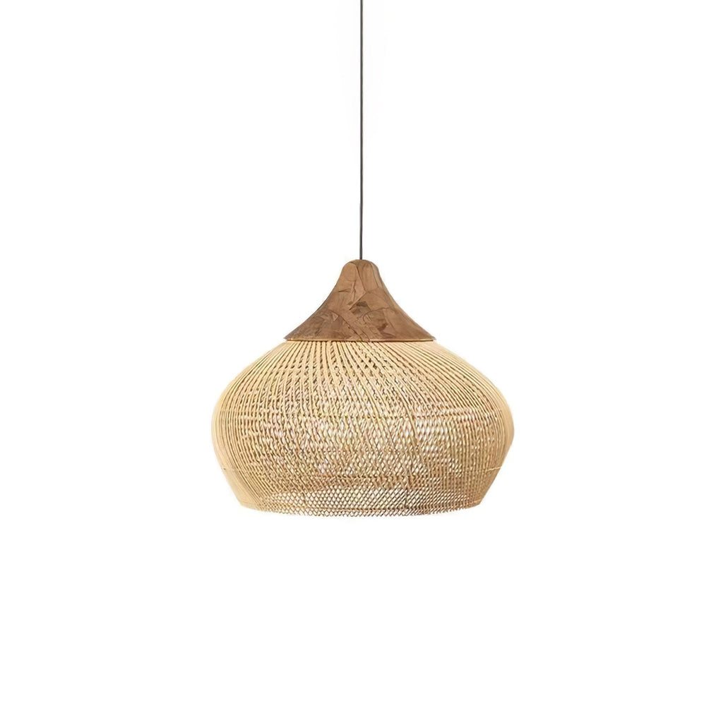 Natural rattan pendant light with open weave casting shadows