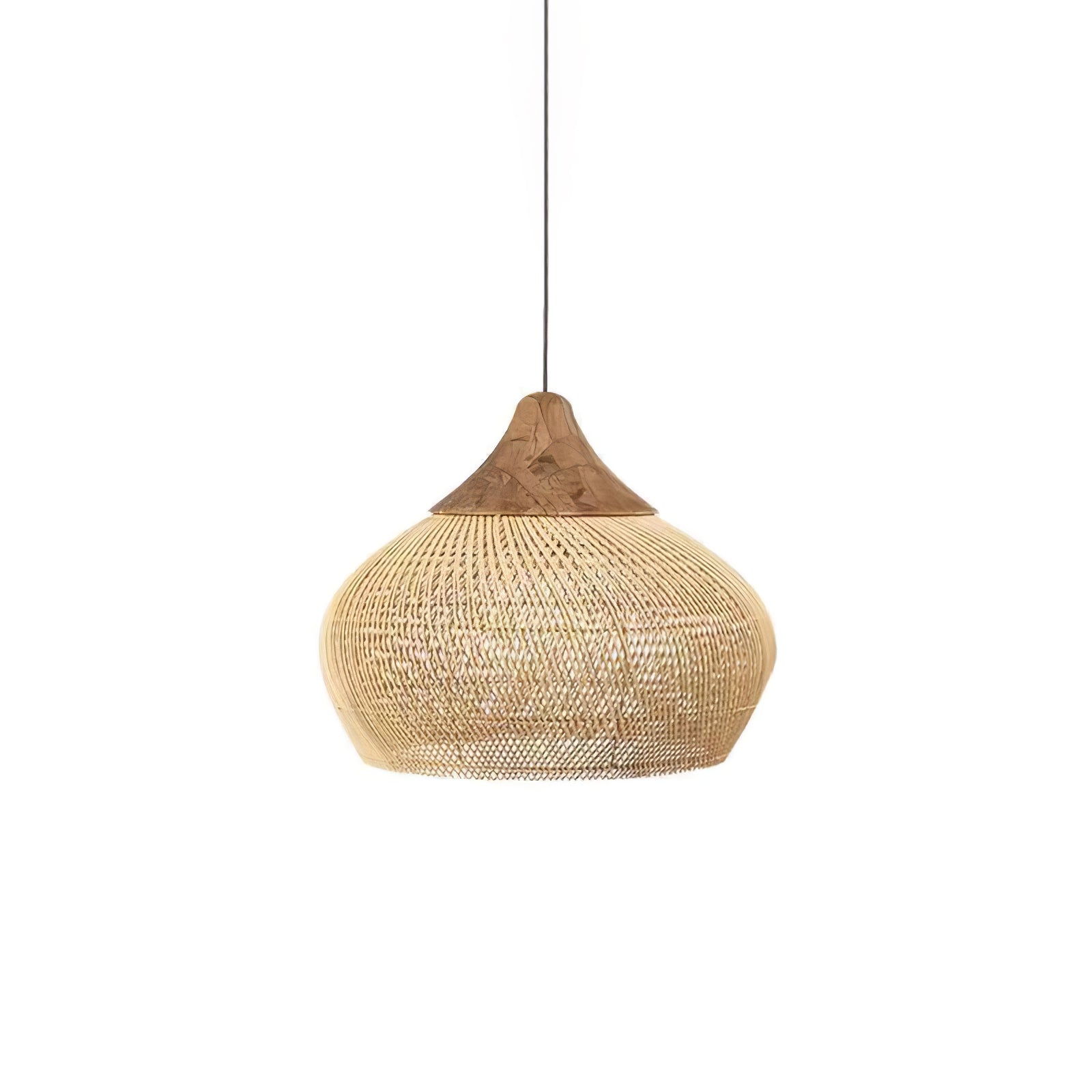Natural rattan pendant light with open weave casting shadows