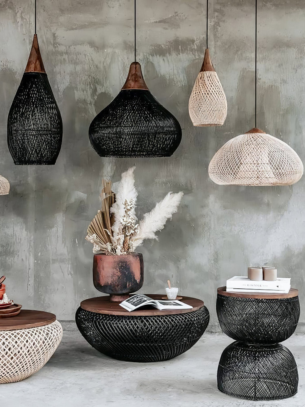 Rattan Pendant Light, Handwoven Shade, Wood Body, E27