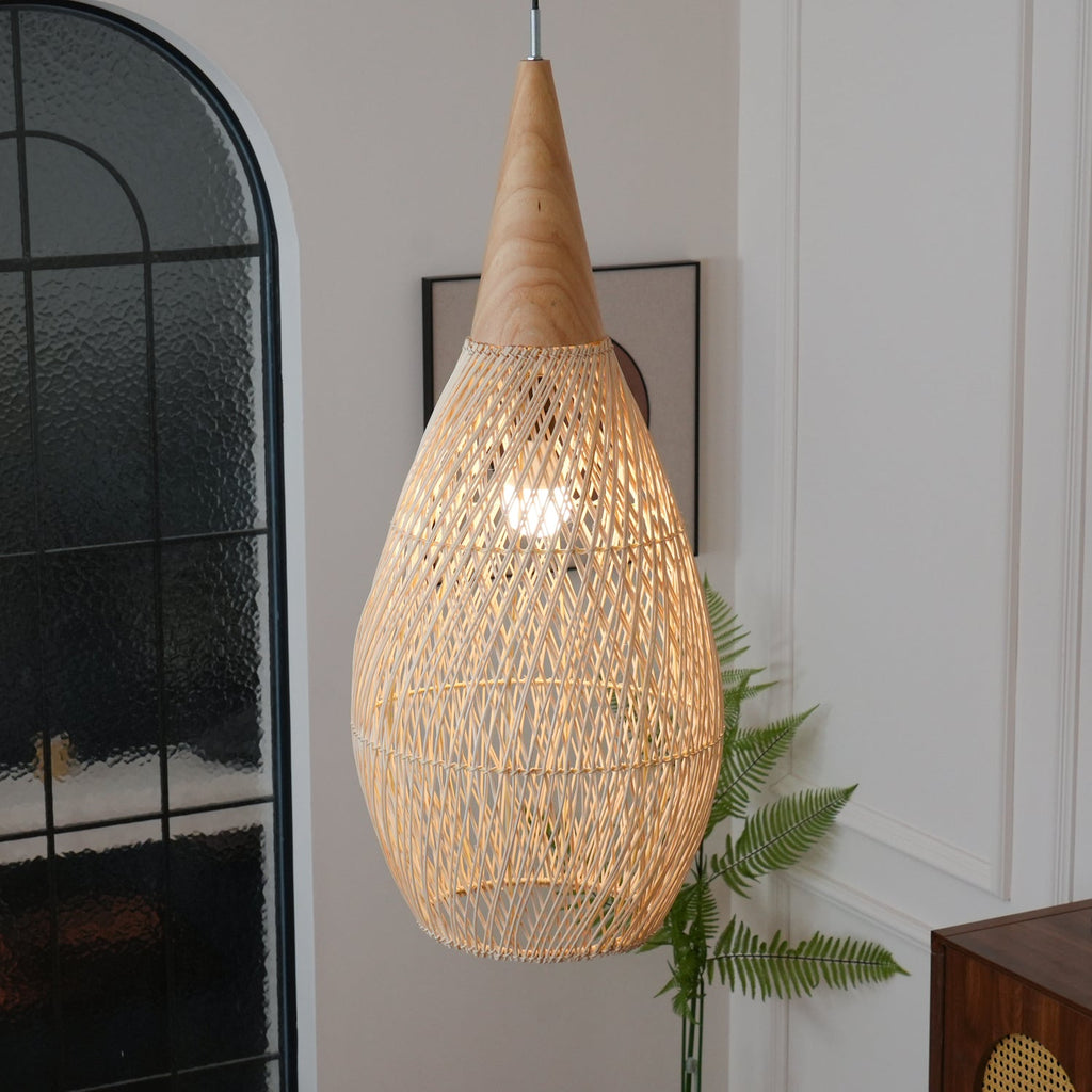 Rattan Pendant Light, Handwoven Shade, Wood Body, E27