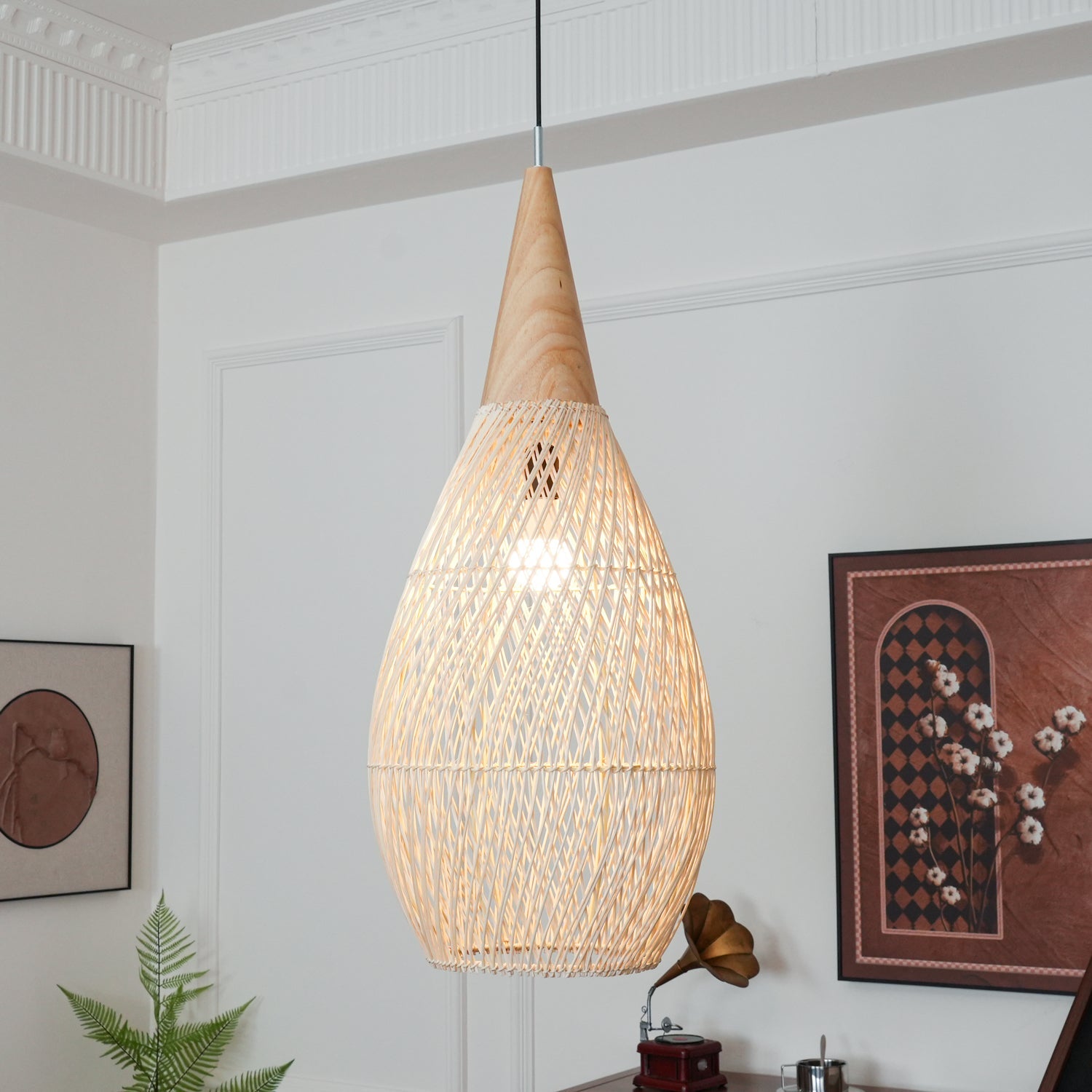 Rattan Pendant Light, Handwoven Shade, Wood Body, E27