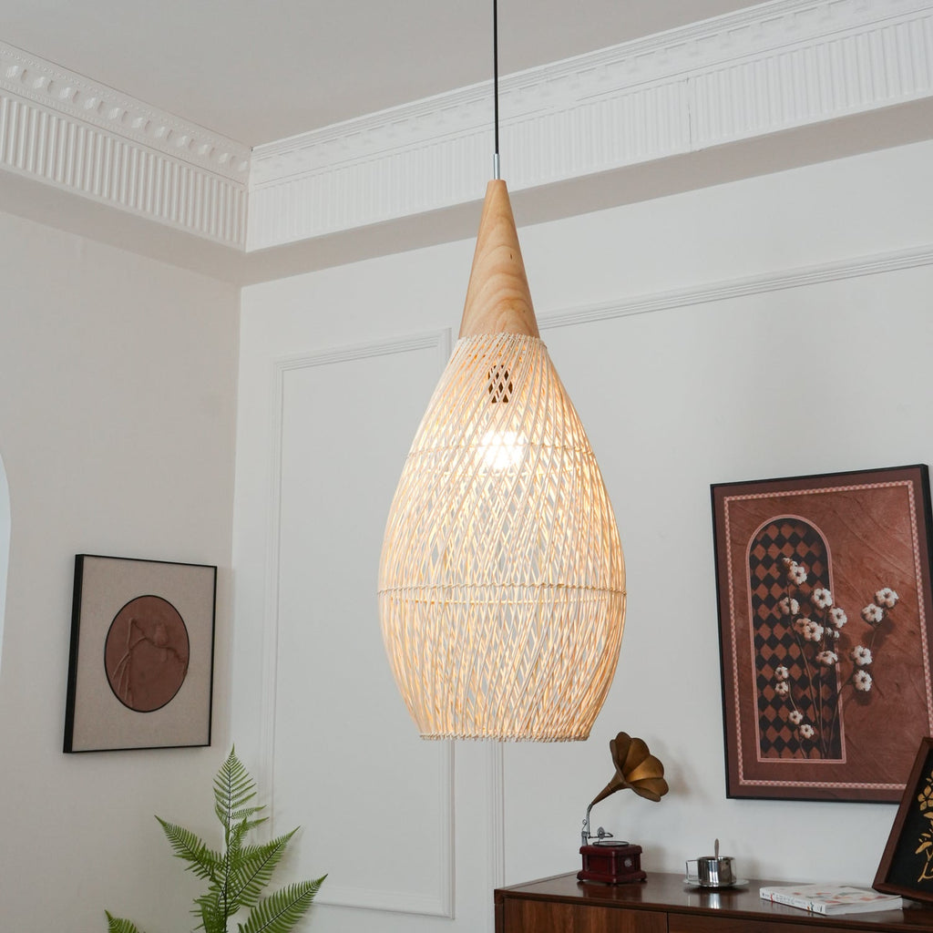 Rattan Pendant Light, Handwoven Shade, Wood Body, E27