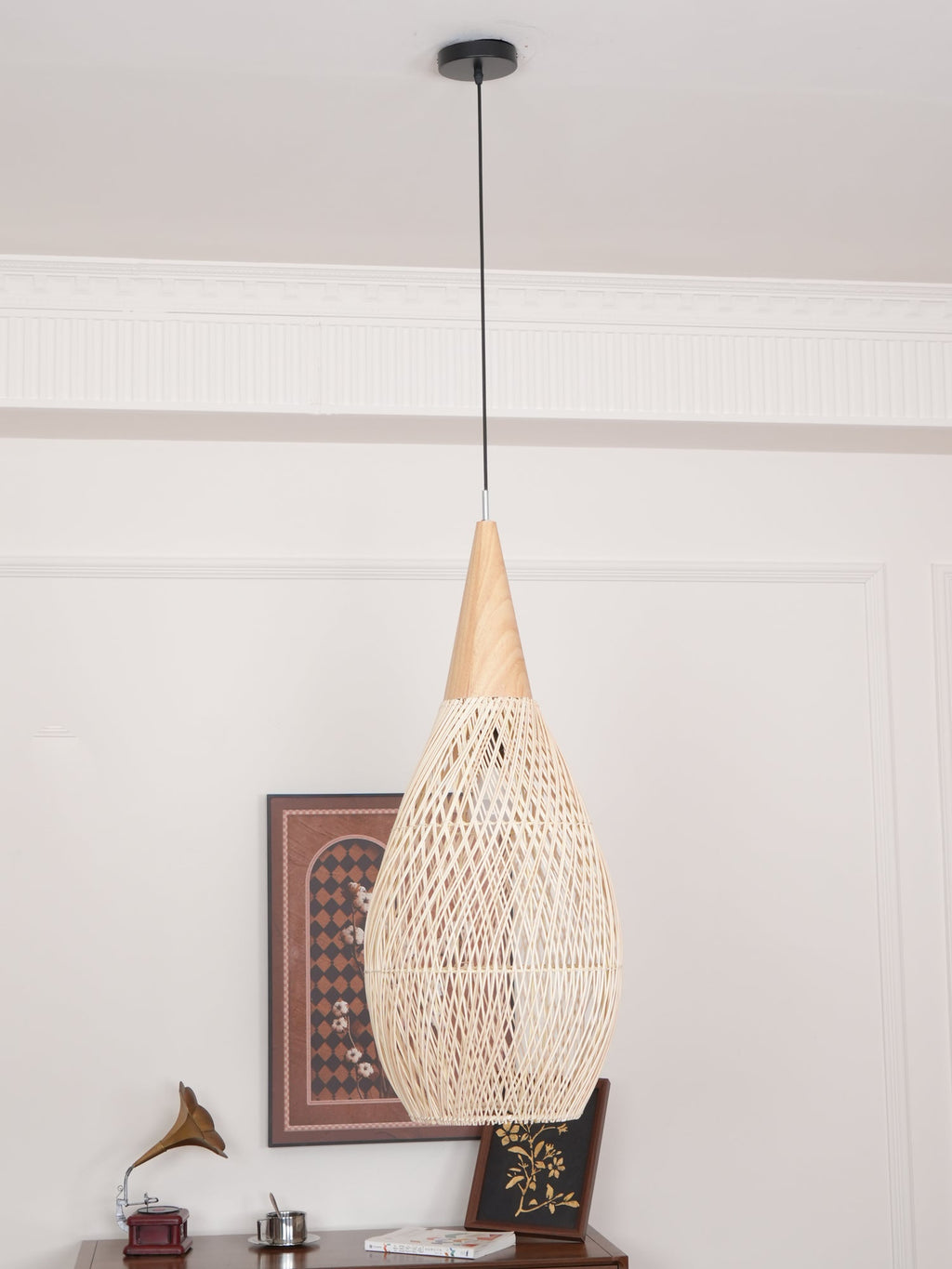 Rattan Pendant Light, Handwoven Shade, Wood Body, E27