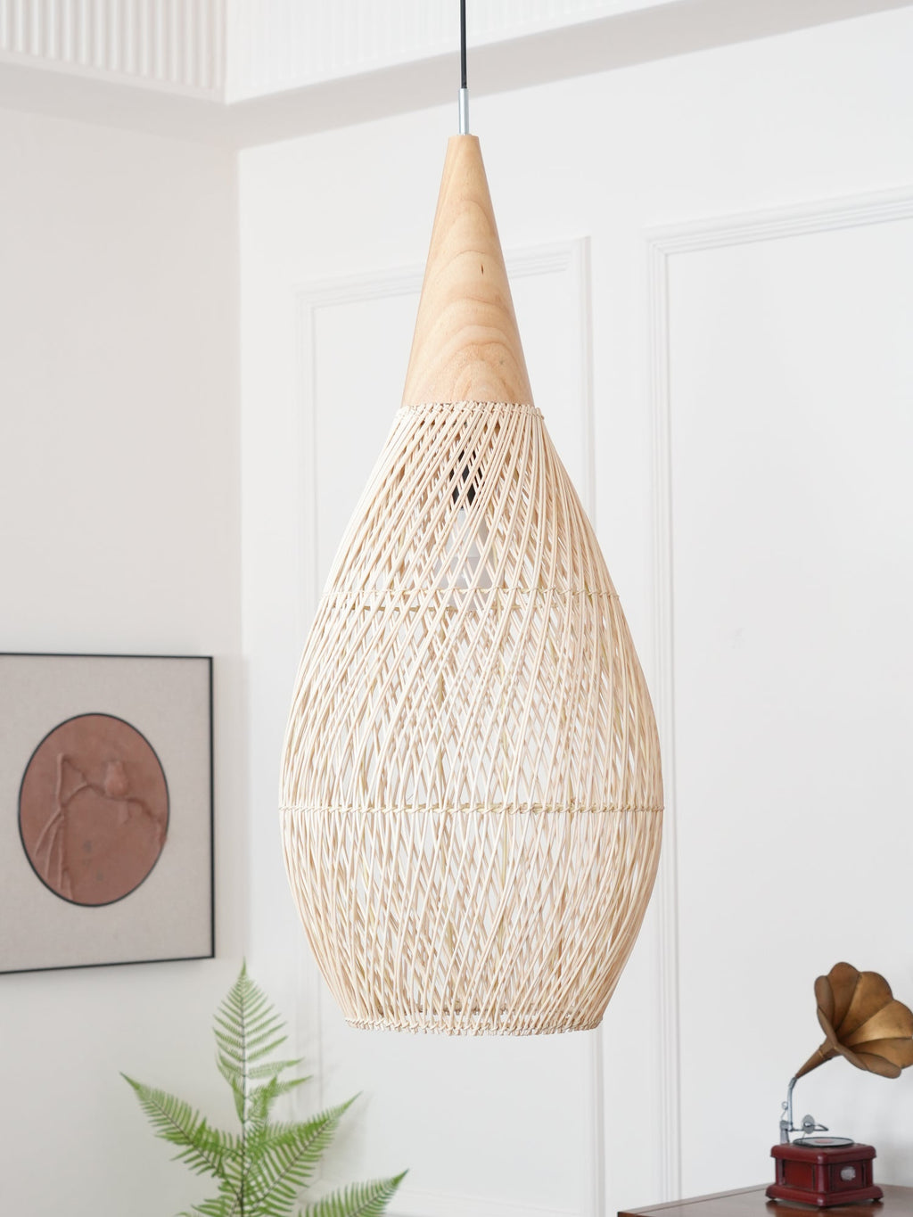 Rattan Pendant Light, Handwoven Shade, Wood Body, E27