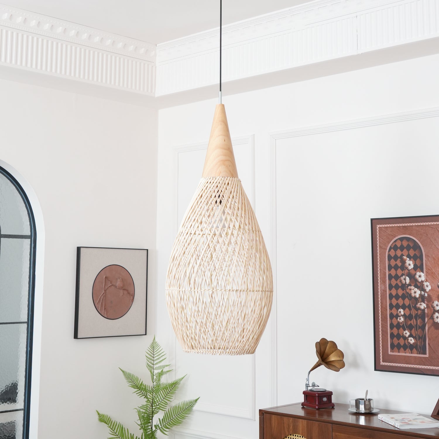 Rattan Pendant Light, Handwoven Shade, Wood Body, E27