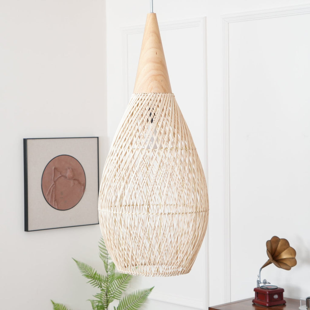 Rattan Pendant Light, Handwoven Shade, Wood Body, E27