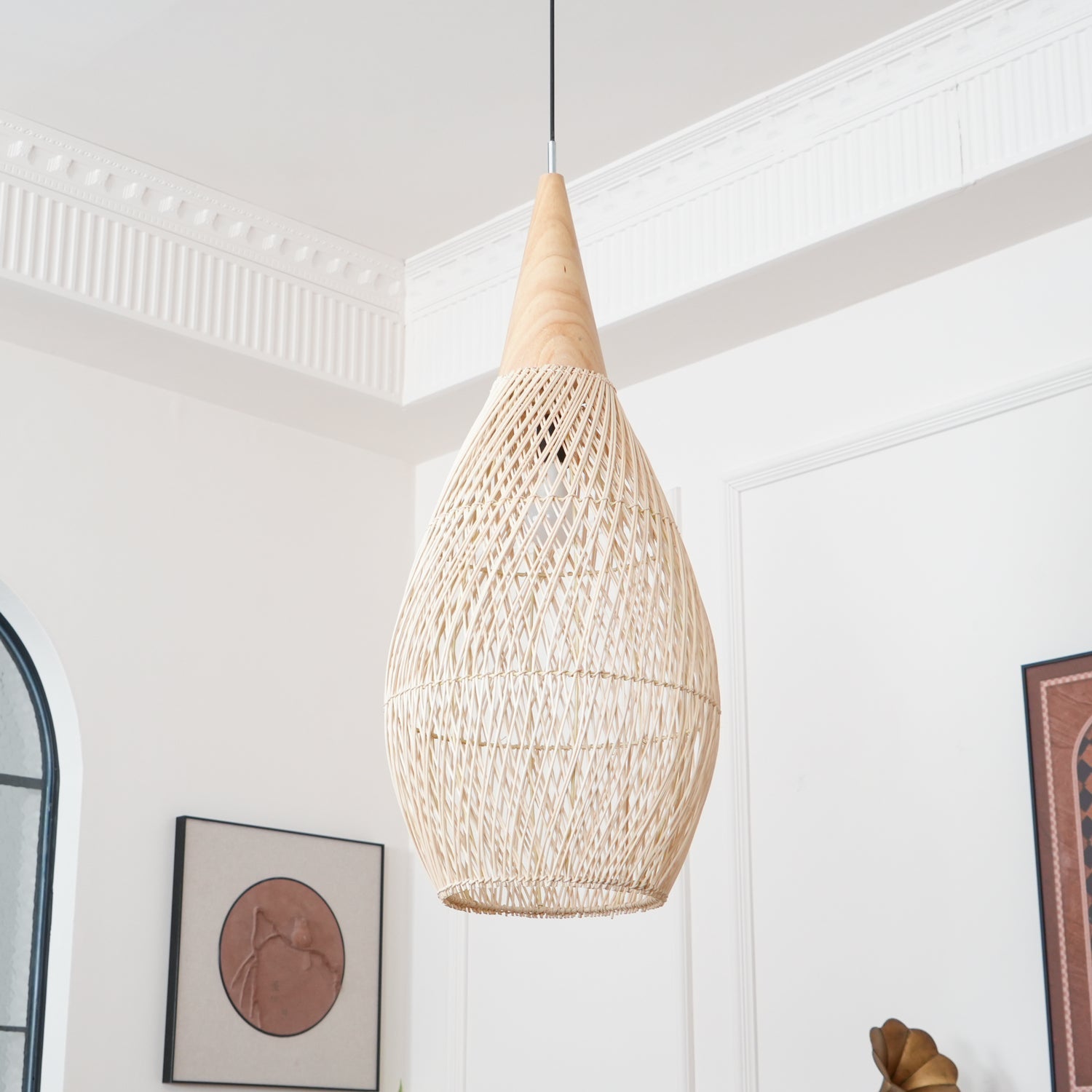 Rattan Pendant Light, Handwoven Shade, Wood Body, E27