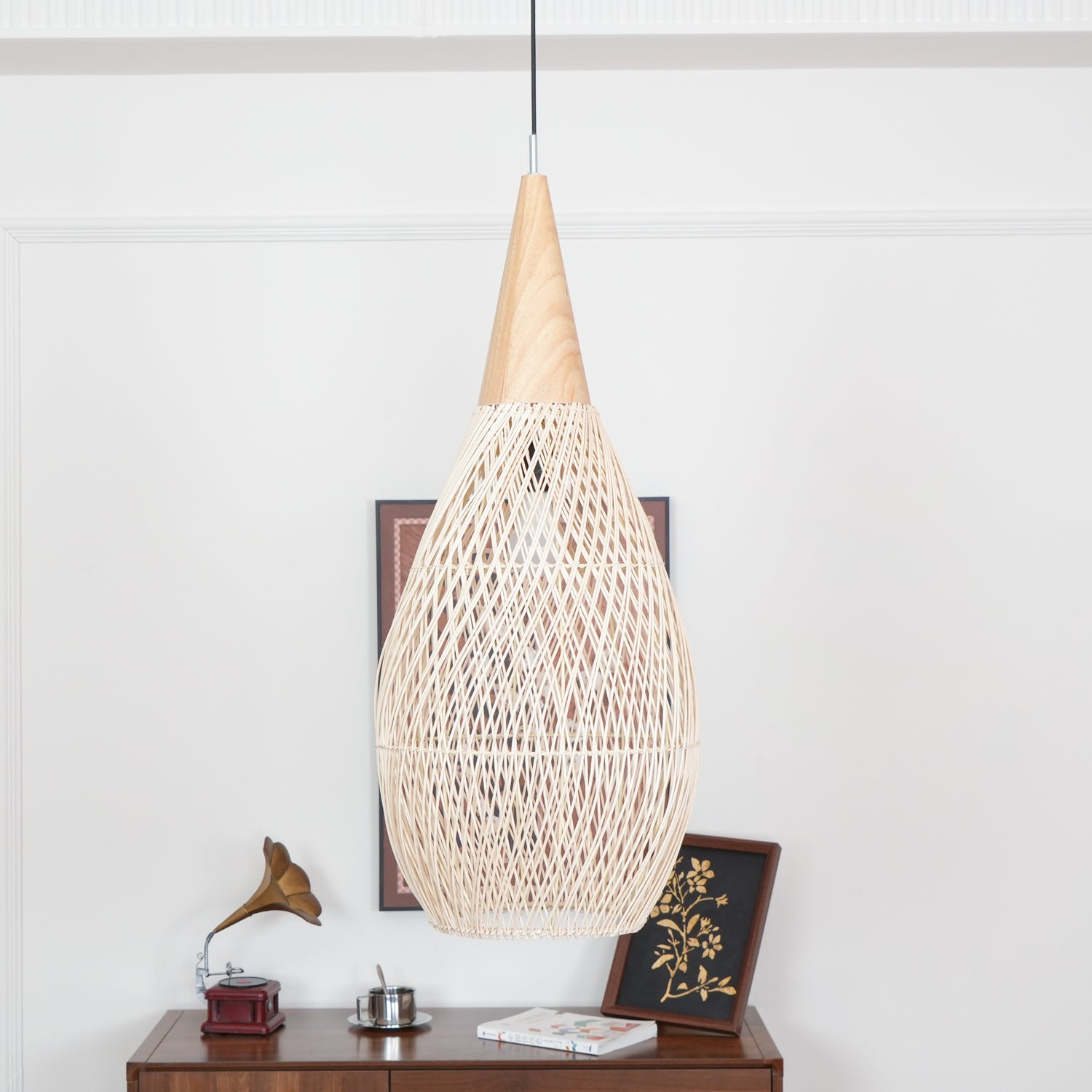 Rattan Pendant Light, Handwoven Shade, Wood Body, E27