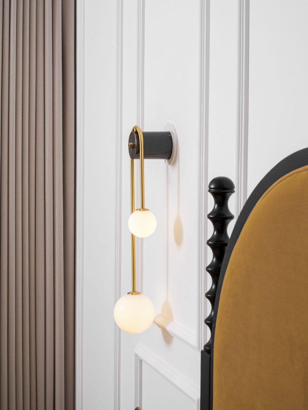 Brass Arc Wall Light, Curved Arm, Two White Glass Shades, G9