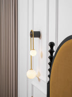 Brass Arc Wall Light, Curved Arm, Two White Glass Shades, G9
