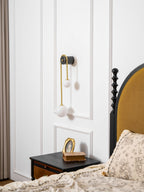 Brass Arc Wall Light, Curved Arm, Two White Glass Shades, G9
