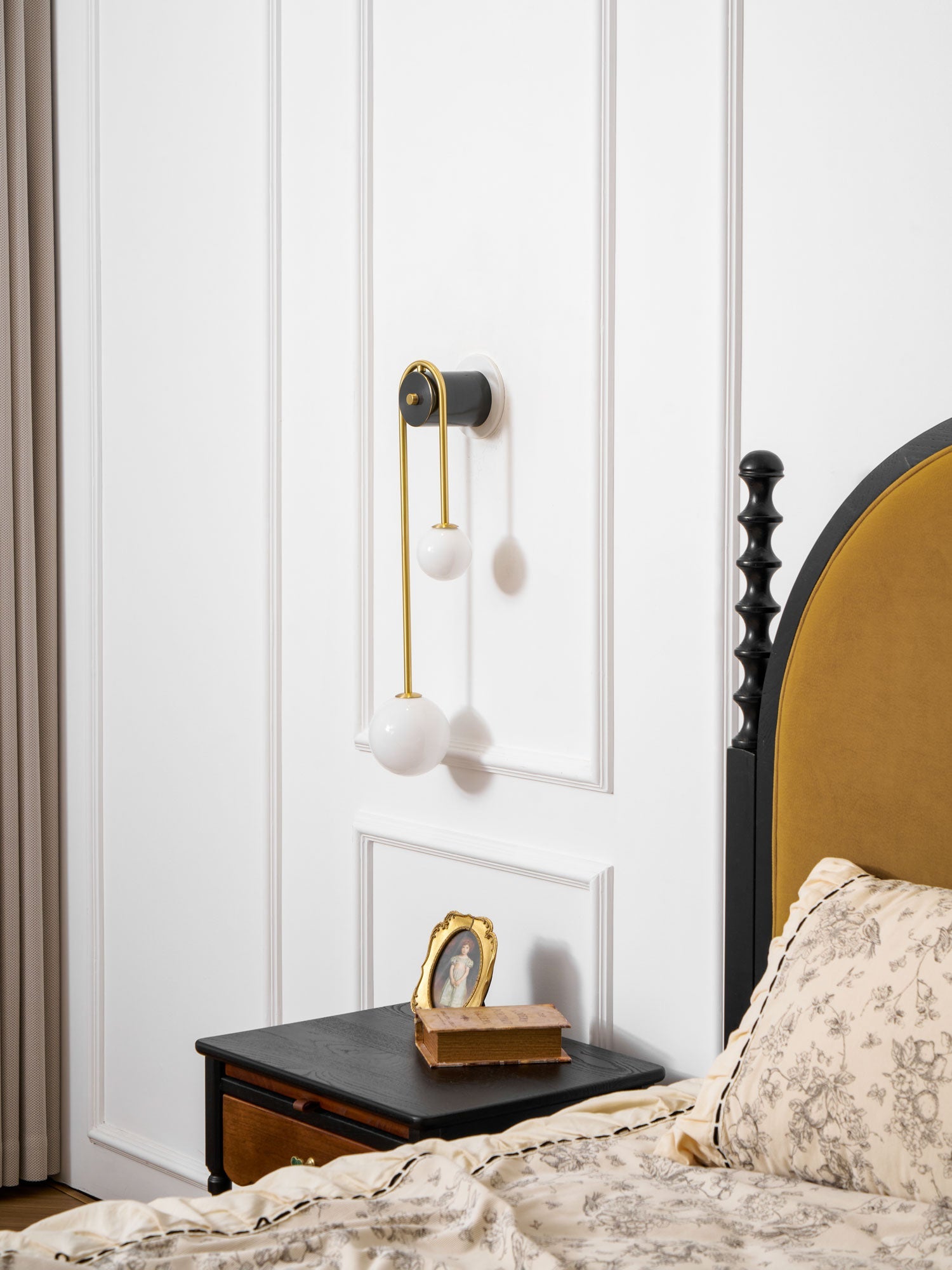 Brass Arc Wall Light, Curved Arm, Two White Glass Shades, G9