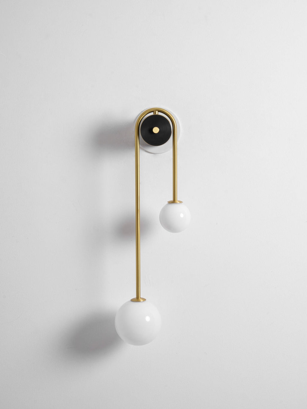 Brass Arc Wall Light, Curved Arm, Two White Glass Shades, G9
